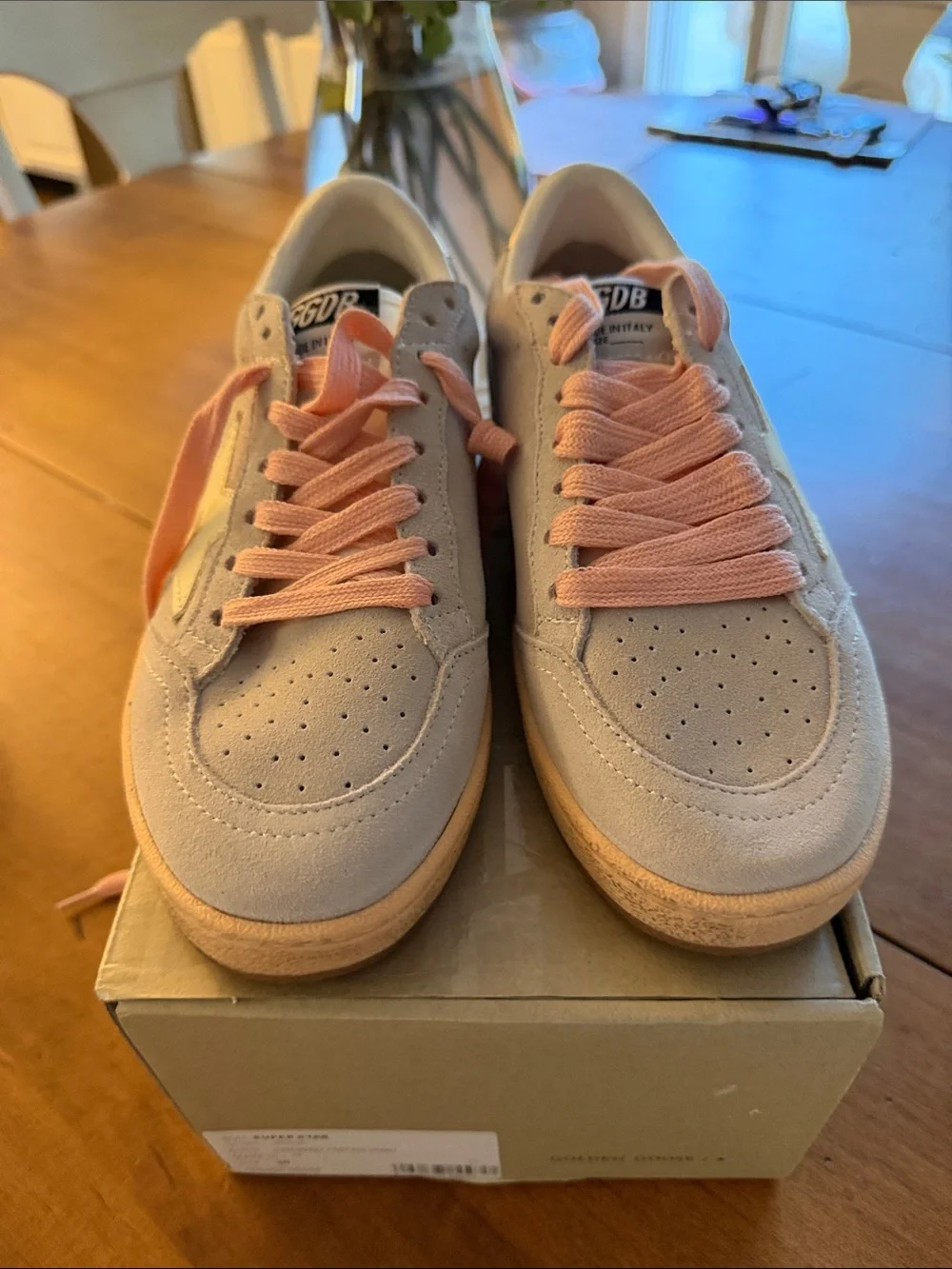 Golden Goose Beige Suede Sneakers with Pink Laces